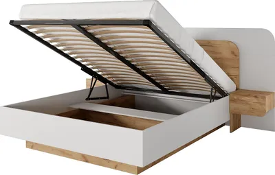 Produktbild von Bett mit Kommode und Nachttischen 160 x 200 cm - Mit LED-Beleuchtung - Natur und weiß - DESADO