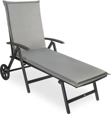 A single gray chaise lounge with a cushion, shown from a side-diagonal angle against a white background.