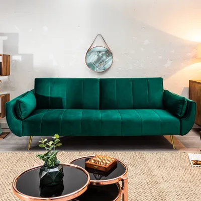 Produktbild von riess-ambiente Retro Schlafsofa DIVANI 220cm smaragdgrün Samt goldene Metallfüße 3-Sitzer mit Bettfunktion Schlafcouch Sofa Couch Gästecouch