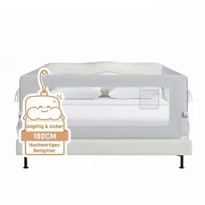Image de Barrière de lit ROSEJANE de 180 cm pour enfants, barrière de protection pliable, empêche les chutes, hauteur réglable de 72 à 86 cm, tissu en mesh respirant, avec poche de rangement, couleur grise