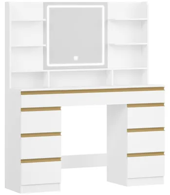 Imagen del producto de Mesa de maquillaje - Mesa de tocador - Iluminación LED - 3 colores - Intensidad ajustable - Espejo - 7 cajones - Blanco