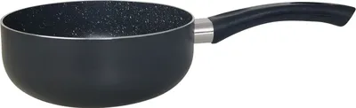 A black saucepan with a black handle is shown against a white background.