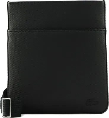 A black Lacoste messenger bag is shown against a white background.