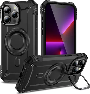 Produktbild von Magnetisch Hülle für iPhone 13 Pro Max, Heavy Duty Militärischer Stoßfest Handyhülle Kamera-Ringständer Schwarz