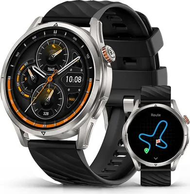 Two smartwatches are displayed against a white background. The larger smartwatch is in the foreground, showing its watch face with multiple dials and the time. A smaller smartwatch is positioned to the right and slightly behind the larger one, displaying a