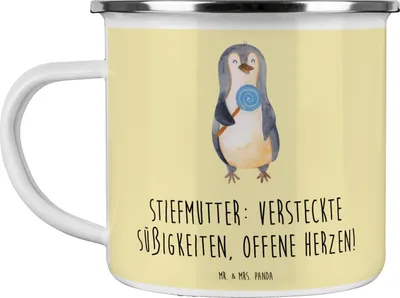 Produktbild von Mr. & Mrs. Panda Haferl Stiefmutter Herzen - Gelb Pastell - Geschenk, Bonusmutter, Emaille Becher, Weihnachten, Geburtstage, Familie, Teebecher, Tasse, Teetasse, Fürsorge
