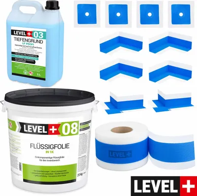 Produktbild von Dichtset Bad Dusche Abdichtung Flüssigfolie 20 kg Dichtband 20m  Tiefgrund 5L SET326