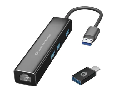 Zdjęcie produktu dla Conceptronic DONN07BA, USB 3.2 Gen 1 (3.1 Gen 1) Type-A, 10,100,1000 Mbit/s, Czarny, RJ-45, USB 3.2 Gen 1 (3.1 Gen 1) Type-A, Aluminium, Chiny