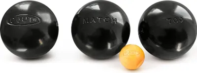 Three black boules and one yellow boule are arranged on a white background.