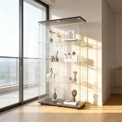 Image de Vitrine d'exposition avec porte et serrure, 4 étagères, noire