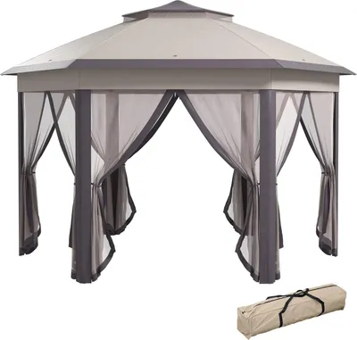 Produktbild von Gartenpavillon Faltpavillon 4 X 4 M Pop-Up-Zelt Partyzelt Inkl. Tragetasche 6 Seitenteile Doppeldach Sechseckig Kaffee+Beige
