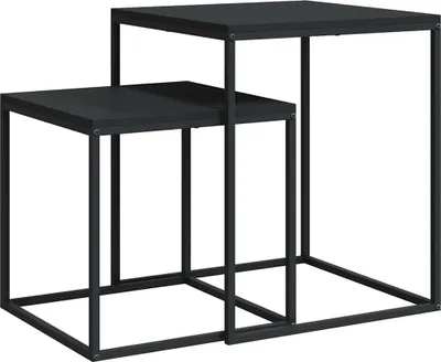A set of two nesting side tables with black tops and black metal frames, shown against a white background.