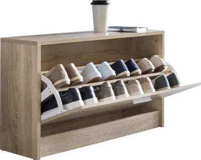 Produktbild von Wohnling Schuhkipper SPLIT Modern 80 x 47 x 24 cm Holz Schuhregal Sonoma 1 Fach Schuhkommode Flurschrank mit Ablage Schuhschrank Schuhaufbewahrung