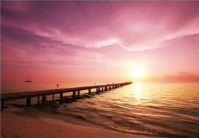 Produktbild von Wallario Fototapete Vliestapete, seidenmatte Oberfläche, einfache Verarbeitung, Größe 200 x 140 cm, Motiv Auf dem Weg zur Sonne  Steg am Meer