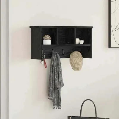 Obrázok produktu pre Nástenná skrinka na topánky a kabáty – vešiak – drevo – s odkladacou doskou a háčikmi – do predsiene na kabáty a tašky – 50 x 16 x 26 cm – čierna