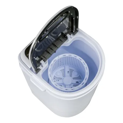 Top-down view of a portable washing machine with the lid open.