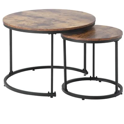 Produktbild von Runder Couchtisch 2er Set Satz Couchtisch Wohnzimmer Runder geschachtelter Beistelltisch 2 Runder Beistelltisch (Braun)