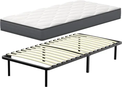 Image de Ensemble matelas à ressorts ensachés et sommier à lattes DEWINNER, 90 x 190 cm, matelas en mousse à mémoire de forme et sommier à ressorts + lattes avec 6 pieds pour adultes | 16 lattes