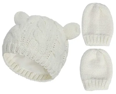 Imagen del producto de Gorro y manoplas para bebé, tejido, color blanco, para bebés de 3 a 6 meses