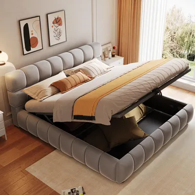 Produktbild von Polsterbett 140x200 cm, Doppelbett mit hydraulischem Stauraum, Lattenrost, gepolstertem Kopfteil, Matratzenhalterung, Samt, Grau