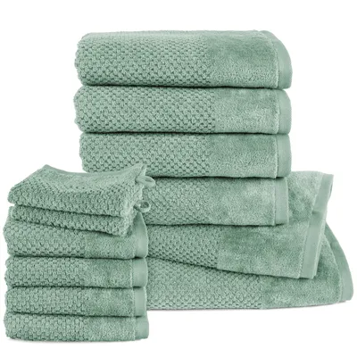Produktbild von Pure Label 12.TLG Handtücher Set aus Baumwolle - 2x Badetuch 70x140 cm 4x Handtuch 50x100 cm 4x Gästetuch 30x50 cm 2x Waschlappen 16x21 cm, Grün