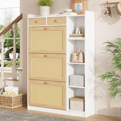 Immagine prodotto di Armadio per scarpe Merax con ante in rattan, mobiletto stretto per scarpe con 3 ante a battente, mobiletto per scarpe con cassetti e ripiani, contenitore per scarpe per l'ingresso, bianco