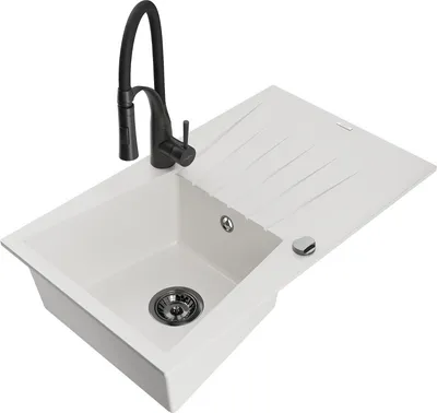 Produktbild von Mexen Cesar 1 Becken-Granitspüle mit Abtropffläche und Mischbatterie Aster, Weiß - 6514-20-73450-70-B