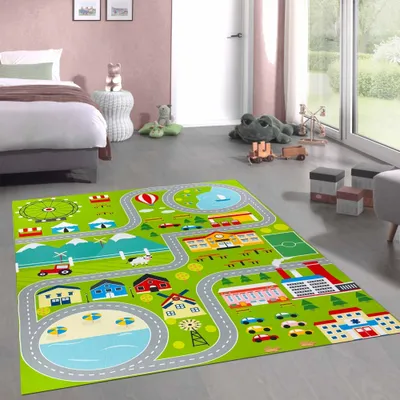 Obrázek produktu pro Protiskluzový dětský koberec, odolný, s motivem města, zelený, rozměry – 200 x 290 cm