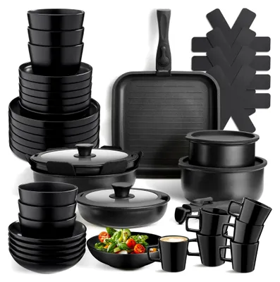 Produktbild von 47-teiliges Küchenstarterset, Steingut Geschirrset für 6 Personen, Tassen, Teller Set, 2 Kochtöpfe, 4 Bratpfannen, Deckel, rostfrei, abnehmbare Griffe, induktionsgeeignet, Topfschoner - schwarz