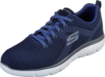 A single navy blue Skechers shoe is shown against a white background.