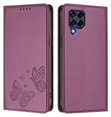 Obrázek produktu pro Kožené pouzdro pro Samsung Galaxy M53 5G, motýlí ražbou, peněženkové flip pouzdro se stojánkem Fialová