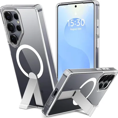 Multiple views of a clear phone case with a magnetic ring and kickstand for a Samsung Galaxy S25 Ultra.