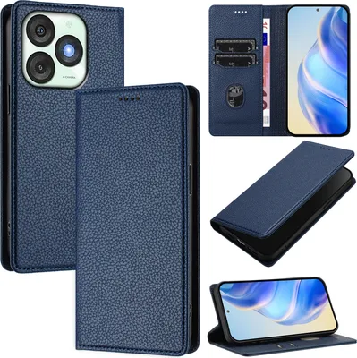 Image de Etui en cuir pour itel A50, Litschi cuir, étui portefeuille avec fentes pour cartes et support Bleu