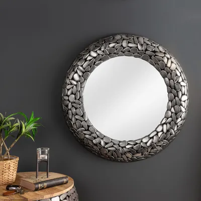 Produktbild von cagü: XL Edler Design Wandspiegel Spiegel [RAVENNA] Silber Rund aus Metallplättchen im Mosaik-Design HANDGEFERTIGT 82cm Ø