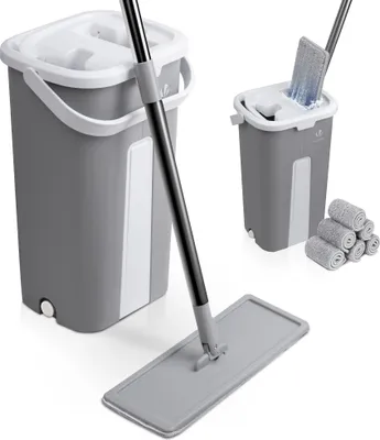 Produktbild von VOUNOT® Bodenwischer Wischmopp Set mit Eimer, 6 Wiederverwendbare Wischmop Ersatzbezüge Grau