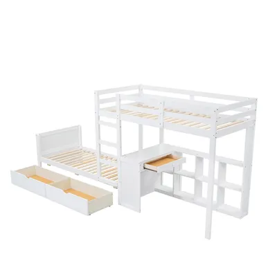 Produktbild von Etagenbett,Kinderbett,mit dreistufiger Leiter,Stabile Lattenroste,Offenes Regal,Design des Sicherheitszauns, Zwei Schubladen,mit Schreibtisch