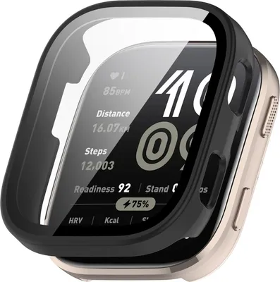 A close-up view of a smartwatch with a protective case and screen protector.