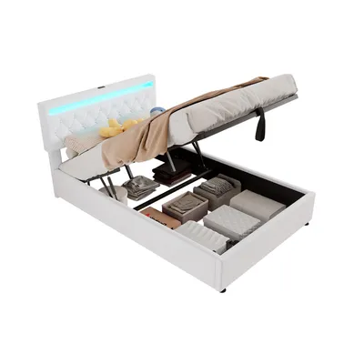 Produktbild von Polsterbett mit LED-Beleuchtung, 140x200 cm, gepolsterter Kopfteil höhenverstellbar, Doppelbett, Leinen