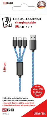 Produktbild von 2GO 3in1 USB LED Kabel blau Micro-USB,Lightning,USB-C 1,5m