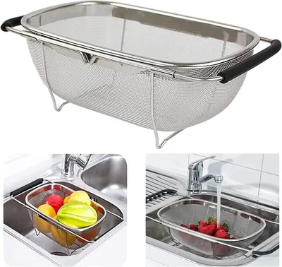 Produktbild von Edelstahl Sieb für Spüle Abtropfsieb Ausziehbar, Über dem Spülsieb Erweiterbares Ovales Siebkorbsieb mit Gummigriffen 4 Quart Klein Sieb für Küchenspüle Abfluss, Spülen von Obst Gemüse, Schwarz