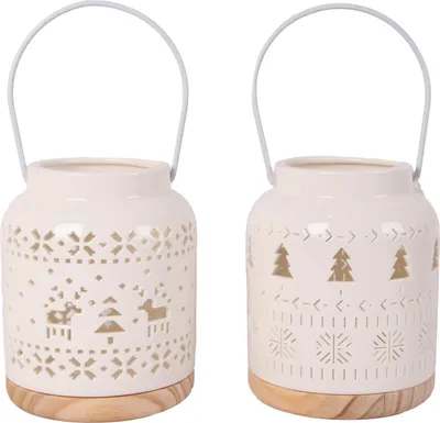 Produktbild von Windlicht Weihnachten mit Griff Keramik Ø 12 x 16 cm weiß 2-fach sortiert