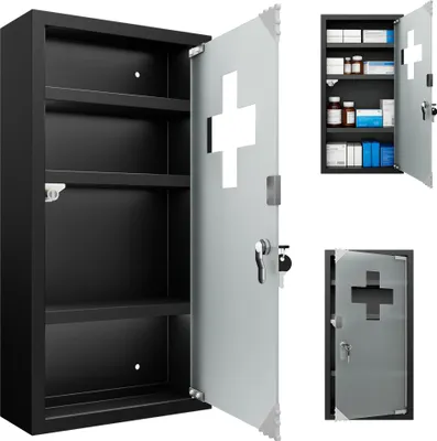 Image de Armoire à pharmacie XMTECH Armoire à pharmacie verrouillable Armoire à médicaments, armoire de premiers secours en acier inoxydable, porte vitrée avec serrure, armoire de premiers secours, pharmacie domestique 4 compartiments, noir