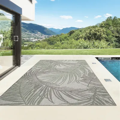 Produktbild von Outdoor Teppich I UV-Stabil Für Drinnen und Draußen I Terrasse Balkon Garten Wohnzimmer Badezimmer Küche Flur Läufer |  Palmenblatt Grün