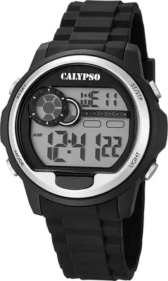 A digital watch with a black strap and silver bezel on a white background.