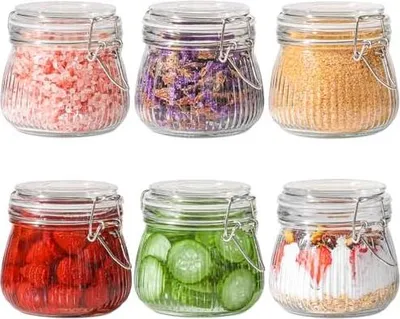 Produktbild von ComSaf 500ml Einmachgläser mit Bügelverschluss 6 Stück Klein Gestreift Bügelgläser, Vorratsgläser mit Deckel Luftdicht für Küche, Tee, Nudeln, Zucker, Bohnen, Kekse Gläser mit Bügelverschluss