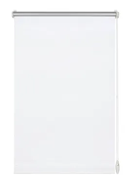 A white roller blind is shown against a white background.