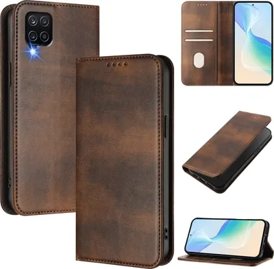 Produktbild von Handyhülle für Samsung Galaxy A12, Vintage Leder RFID Schutz Kartenfach Standfunktion Magnetische Klapphülle Braun