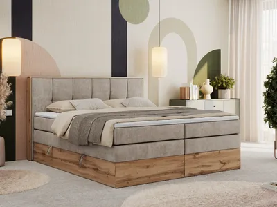 Produktbild von MKS MEBLE Boxspringbett, Doppelbett mit zwei Multipocket-Matratzen ALBERO 1 KING, Bettkästen und Kopfteil, Holzkiste in Wotan-Eichenfarbe - 140x200 cm - H4 - Beige Struktur