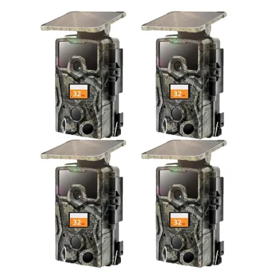 Image de 4 pièces 4K 48MP caméra solaire pour animaux sauvages avec carte de 32 Go 0,2 secondes de déclenchement caméra pour animaux sauvages avec vision nocturne détecteur de mouvement Pas de WLAN IP66