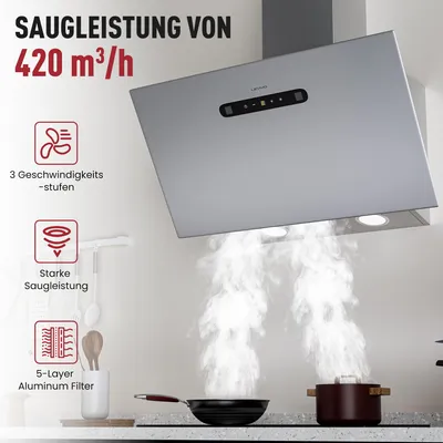 Image de Hotte aspirante sans cadre LEVIVO A+++ 60 cm en mode recyclage & évacuation, débit d’air 420 m³/h, 3 niveaux & booster, 2 LED, hotte avec 2 filtres à charbon actif